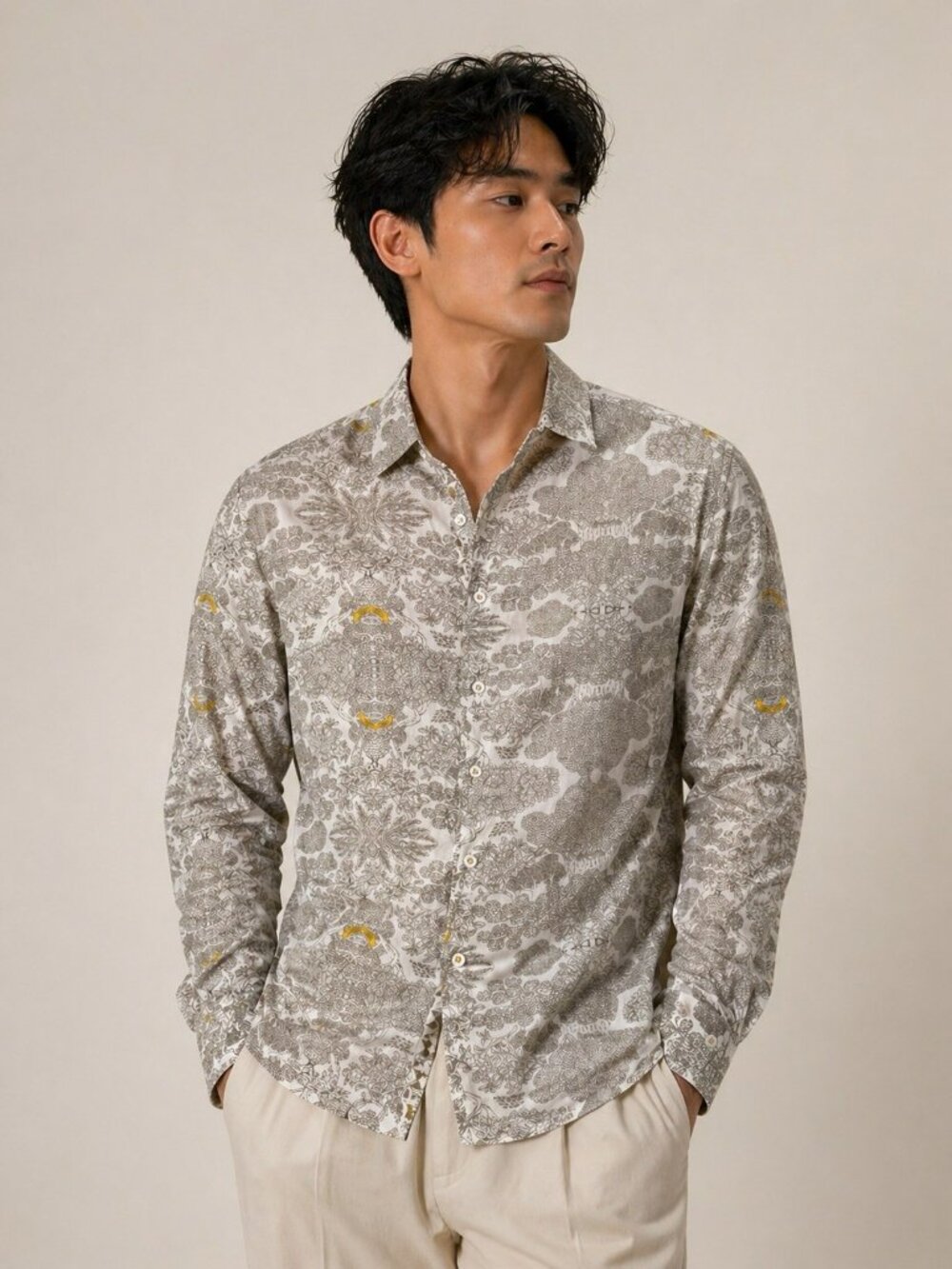 Caracol De Color Mens S Button-Up Shirt /Blouse Yellow White Cotton Collared